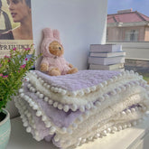 Yickyue Purple Plush Throw Blankets for Sofas Beds Thick Fluffy Bedspread Blanket with Pompom Girls Bed Cover Winter Warm Home Blanket