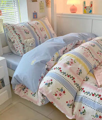 YICKYUE - Cute colorful blue pink flower rabbit bow bedding set,twin full queen king cotton home textile bed sheet pillow case quilt cover