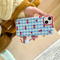 YICKYUE - Ins Blue Check Red Cherry Phone Case For Iphone 16Pro 15Pro 14ProMax 13ProMax 16 12 13 14 15 Pro Max Contrast Color Chain Fundas