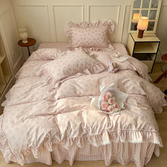 YICKYUE Korean Princess Style Ruffles Flower Print Bedding Set Duvet Cover Set Bed Skirt Bedspread Pillowcases 100% Cotton Home Textile