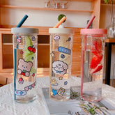 Yickyue 700ML Cute Water Bottle with Straw Filter for Kids Portable Clear Plastic Tea Cup Stickers Large Capacity Summer Sport Drink Cup
