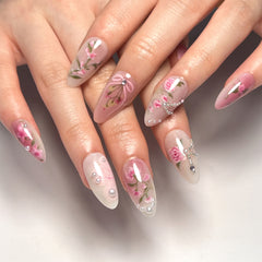 YICKYUE - 24pcs Summer Pink Rose Press on Nails 3D Pearl Decor Almond False Nail Patch for Girl Lady Wearable Full Cover Fake Nail Tips