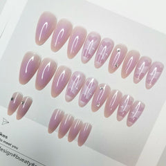 24Pcs Pink Heart Pattern False Nail with Diamond Decor Oval Pointed Head Fake Nail Full Finished Press on Nails for Women Girls