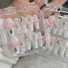 YICKYUE - Light Luxury Fake Nails Butterfly Colour Stone Handamde Transparent Gradient Pink Brighten Up Wearable False Nail Removable Easy