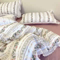 YICKYUE - Vintage Countryside Floral Lace Ruffles Duvet Cover Set, Pillowcases with Bed Sheet, Fitted Sheet, Girls Bedding Set