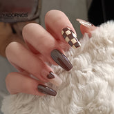 24pcs Nails Free Shipping Long Brown Press On Nails Cute Checkerboard Design Fake Nails Full Coverage Artificial For Women