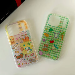 Cute Animal Green Grid Pattern Cartoon Laser Glitter Phone Case for iPhone 13 14 16 15 17 Pro 17ProMax Shockproof Clear Cover