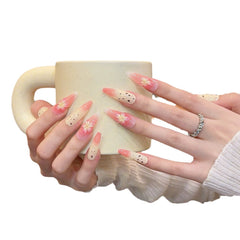 YICKYUE - 10Pcs Almond Long Stiletto Handmade Press on Nails Pink Flower Fake Nails Wearable Nails False Nail Wearable Manicure Nail Tips