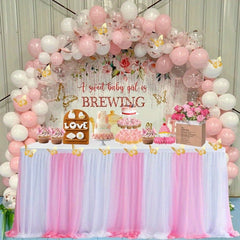 YICKYUE Albassa Table Skirts for Rectangle or Round Tables Pink Tulle TableCloth with 3D Butterfly for Princess Shower Birthday Party Decorations 9ft*H 30inPink