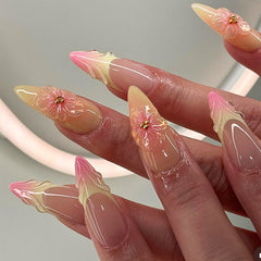 YICKYUE - 24Pcs French Fake Nails Press on Detachable Pink Yellow Gradient False Nail with 3D Butterfly Ripple Design Full Cover Bail Tips