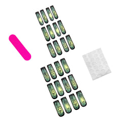 YICKYUE - 24pcs Halloween Green Frosted Fake Nails Long Coffin Pumpkin Ghost False Nails Gradient Ballet Nail With Adhesive Press On Nails