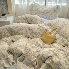 YICKYUE - Ins Korean Style Floral Bedding Set Washed Cotton 4pcs Bed Sheet Set Duvet Cover Set For Girls Bedding Decor Home