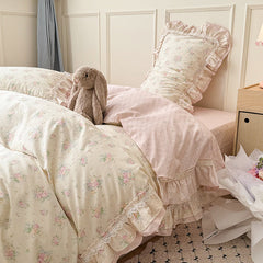 YICKYUE - 3/4Pcs Flower Prints 100% Cotton Korean Princess Style Bedding Set Single Queen Duvet Cover Bed Sheet/Fitted Sheet Pillowcase