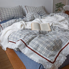 YICKYUE - Korean Style Pure Cotton Seersucker Lattice Lace Ruffles Bedding Set INS Style Girl Bed Sets Duvet Cover Bed Sheet Pillowcases