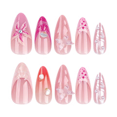 YICKYUE - 24Pcs French Fake Nails Press on Detachable Pink Yellow Gradient False Nail with 3D Butterfly Ripple Design Full Cover Bail Tips