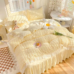 YICKYUE - Summer princess style super king size bedding set soft yellow quilt cover seersucker ice silk bed four-piece washable cotton