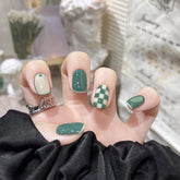 Press On Nails Green Grid Nail Patch Retro Blue Brown Short Nail Tips French Style Removable 24pcs False Nail With Wearing Tools