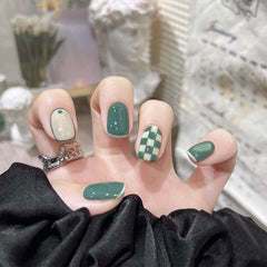 Press On Nails Green Grid Nail Patch Retro Blue Brown Short Nail Tips French Style Removable 24pcs False Nail With Wearing Tools