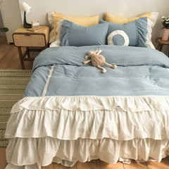 100% Yarn-Dyed Washed Cotton Princess Girl Bedding Set White Ruffle Splice Cake skirt design Duvet Cover Bed Skirt Pillowcases