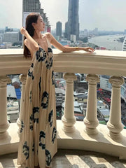 YICKYUE - French Niche Design Dresses V-neck Print Sexy Backless Holiday Dress Vestidos Loose Slimming Temperament Long Skirt