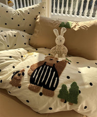 YICKYUE - Fashion cute embroidery bear polka dot bedding set,twin full queen lovely cotton home textile bed sheet pillow case quilt cover