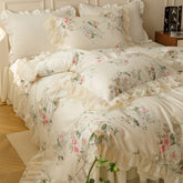 YICKYUE - Pure Cotton Vintage French Pastoral Country Flowers Print Double layer Lace Ruffles Bedding Set Duvet Cover Bed Skirt Pillowcase