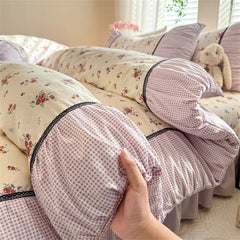 Yickyue Korean Comforter Bedding Set Washed Cotton Bed Four-Piece Set Princess Printed Soft Bed Linen Duvet Cover Set Floral Quilt Cover