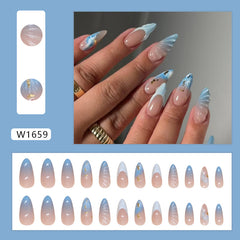 YICKYUE - 24pcs Ocean Fake Nails Long Almond Head Press On Nails Y2k False Nails 3D Crystal Stripe Decor Wearable Blue Gradient French Tip