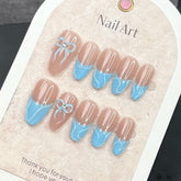 YICKYUE - 10Pcs Handmade Blue Fake Nails with Hand-painted Bow Designs Mid-length Almond Press on False Nails French Full Cover Nail Tips