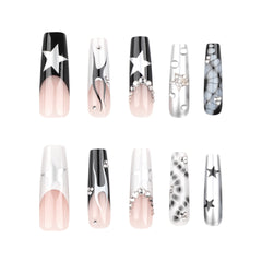 YICKYUE - Punk Cool Fake Nails Y2k Sliver Star Crystal Crocodile Pattern Press on Nails Long Coffin Heavy Metal French False Nails