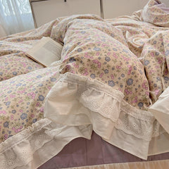 Yickyue Romantic 100%Cotton Twin Bedding Elegant Pink Purple Floral Duvet Cover Set White Lace Ruffle 1.2/1.5/1.8m Bedskirt Pillowcases