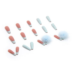 YICKYUE - Blue Furry Ball Cute Press on Nails Wearing Armor Ballet Shaped French Minimalist Glitter Diamond Studded Nail Art