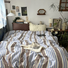 YICKYUE - Blue & Brown Vintage Striped Bedding Set