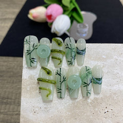 YICKYUE - Chinese Style False Madehand Nails Bamboo And Jade Mid Long T Wearable Fake Nails Ink Elegant Halo Nail Patch Nail Accessories