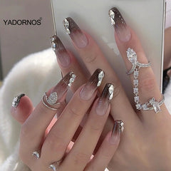 Press On Nails Brown With Rhinestones Design Stick On Nail Full Cover Finished Nails Piece Sweet Style With Jelly Gel 24pcs Ty