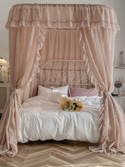 YICKYUE - Nostalgia Linen Princess Bed Valance Bed Curtain U- Shape Rail Three Doors Mosquito Net Double Bed Mantle Bedroom Decoration