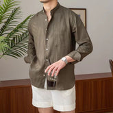 Hearujoy Vintage Linen Shirt For Men Summer Thin Breathable Short sleeved Tops Light Luxury Casual Loose Stand Collar Blouse Streetwear