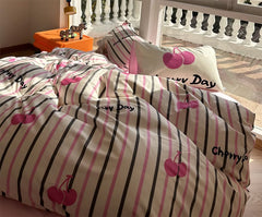 YICKYUE - Sweet cute pastoral cherry bedding set,twin full queen cotton pink black stripes home textile bed sheet pillow case quilt cover