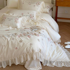 Yickyue - Romantic 100s Pure Cotton Flower Embroidery White Bedding 4 Pcs Set