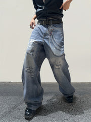 Hearujoy Men's Trendy Loose-Fit Chain Print Faux Denim Pants - Street Style Casual Straight Leg, Machine Washable