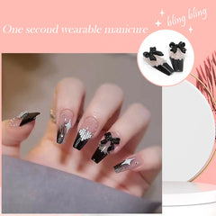 24Pcs French Press on Nail Black False Nails 3D Bow Mid-length Fake Nails for Women and Girls Salon Finger Toes DIY Manicure Tip