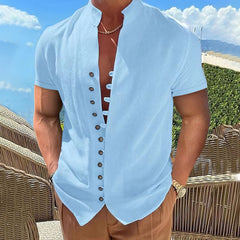 Hearujoy New 100% Cotton Linen Vintage Shirts Mens Short Sleeve Stand Collar Casual Male Blouse Summer Retro Shirt Top Men Clothing