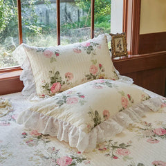 YICKYUE - French Vintage Pure Cotton Rose Print Ruffles Bedding Set Duvet Cover Set Bed Skirt Bedspread Pillowcases Queen King Size 4Pcs