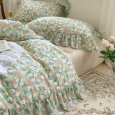 Yickyue 100% Cotton French Vintage Pastoral Princess Landscape Printed Bedding Set Romantic Ruffle Duvet Cover Set Bed Sheet Pillowcases