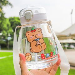 1300ml Cute Bear Big Capacity Water Bottle With Straw Strap Plastic Portable Sport Transparent Drink Bottles For Children Girl