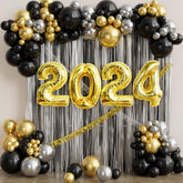 YICKYUE - Happy New Year Eve Party Decorations Black Silver Fringe Curtain Backdrop Golden Balloons 131PCS Balloons Garland Arch Kit