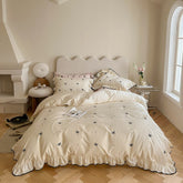 Yickyue Girlish Embroidered Bow Bedding Set 300TC Cotton Queen King Size Lovely Bed Sheet Pillowcase Duvet Cover Set 4pcs with Ruffles