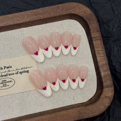 YICKYUE - 10pcs Handmade French Press on Nails with Red Love Print False Nails Wearable Full Cover Ins Simple Almond False Nail Tips