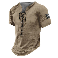 Hearujoy New Men V-neck Vintage T-shirt Short Sleeve Casual Cotton Tee Top Summer Fashion Lace Up 3D Digital Printed Tshirts Man Clothing