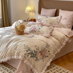Yickyue French Pastoral Style 600TC Egyptian Cotton Bedding Set with Lace & Embroidery Bed Sheet Duvet Cover Set (Queen King Size,4pcs)
